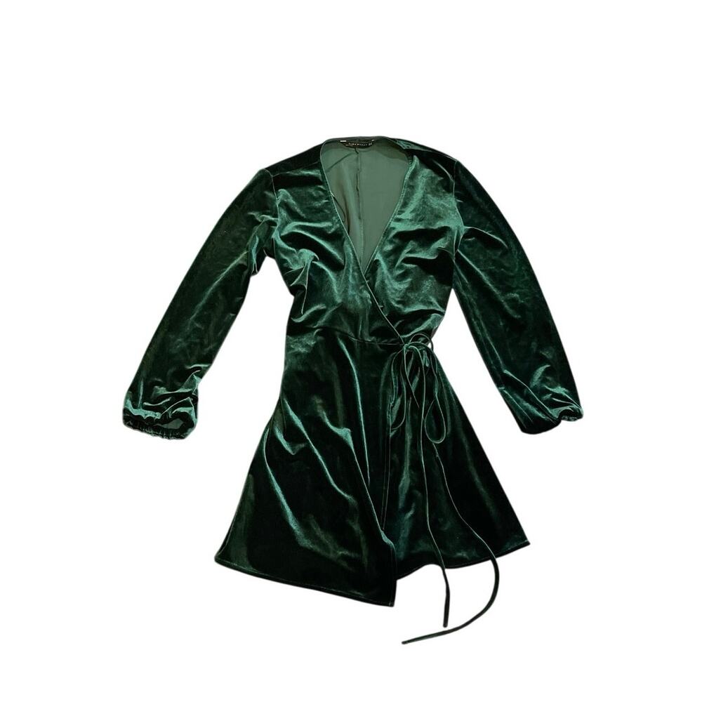 Zara Emerald Green Velvet Wrap Mini V-Neck Long Sleeve Dress SZ M Holiday Party